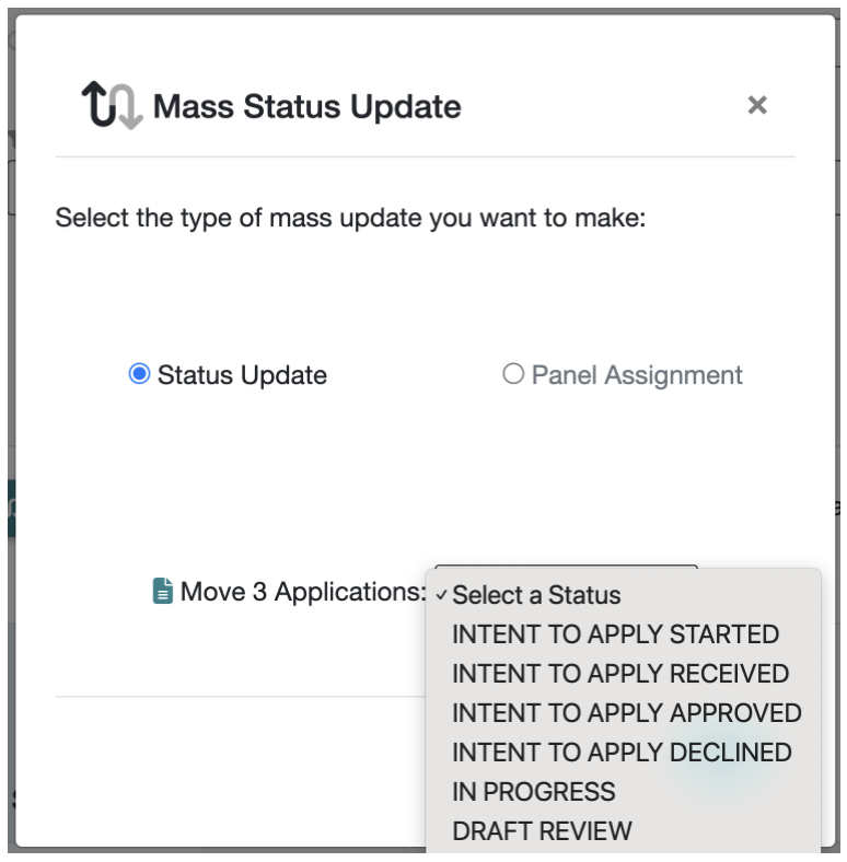 Mass Status Update selection on the new grant manager dashboard.